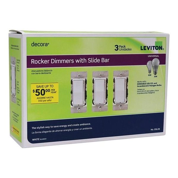 Leviton Leviton 3829918 Decora White 600 watts Rocker Dimmer - Pack of 3 3829918